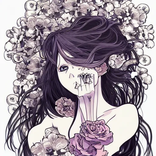 Image similar to anime manga skull portrait woman hair floral details comic skeleton illustration style by Alphonse Mucha and James Jean and Sainer Etam pop art nouveau