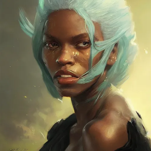 Prompt: A head-on detailed oil fantasy portrait of a black woman with green eyes and long white hair by greg rutkowski, trending on artstation, dungeon and dragons art