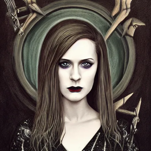 Image similar to a striking esoteric painting of Evan Rachel Wood, dark, metal, black background, occult, by Paulina Peavy