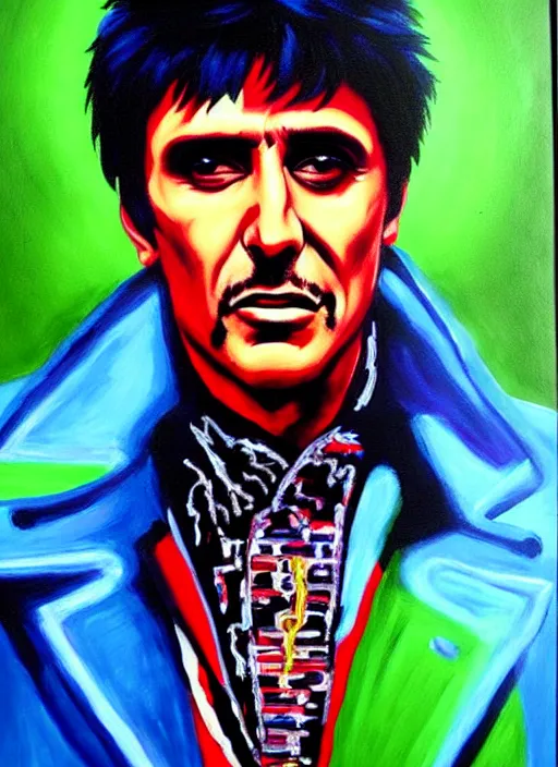 Image similar to ' acrylic painting of tony montana in a style of cyberpunk delivery club, in salvia divinorum, photorealistic glamour necro science'