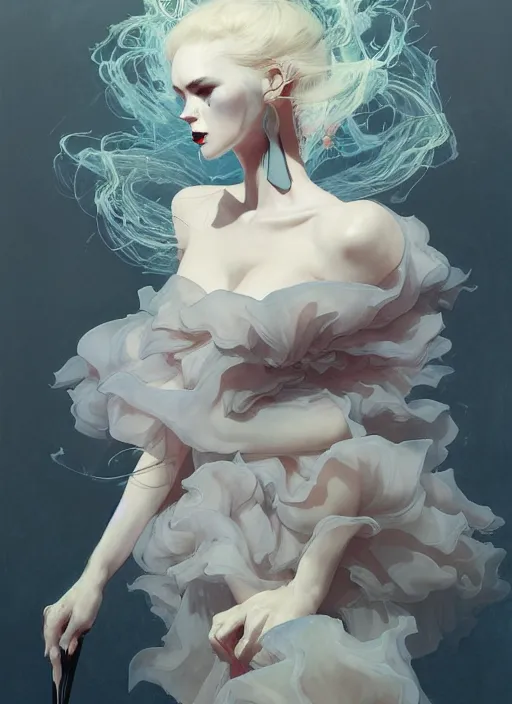 Image similar to character design by james jean, ruan jia, ilya kuvshinov, martine johanna, jakub rebelka ( ( ( portrait of gothic girl in seductive luxurious flowy tornado dress ) ) ) emerging from lighting and powerful thunder, sharp edges. ultra detailed, majestic, intricate,