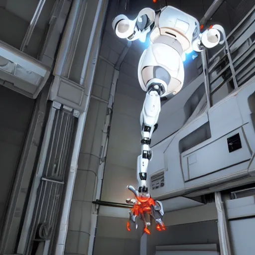 Image similar to glados female robot from portal 2 hanging from ceiling