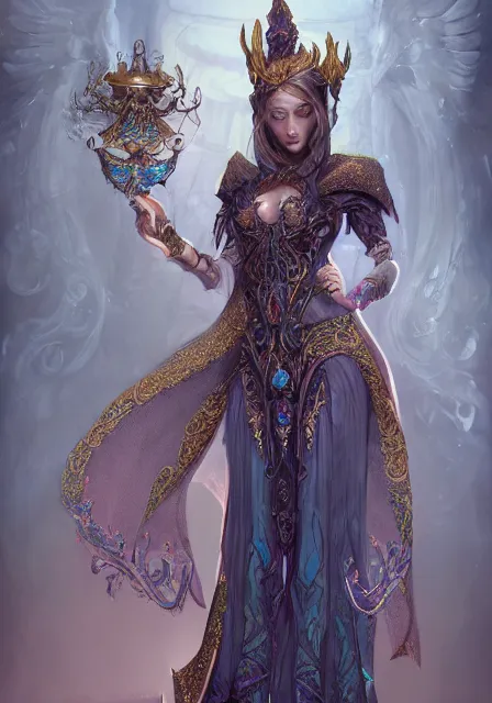 Image similar to beautiful female fantasy sorceress dressed in ornate robes, intricate, elegant, highly detailed, digital painting, artstation, concept art, smooth, sharp focus, illustration