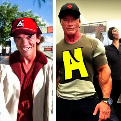 Image similar to Arnold Schwarzenegger dressed up as Ash Ketchum, sceme from the film Pokemon Terminator Trainer