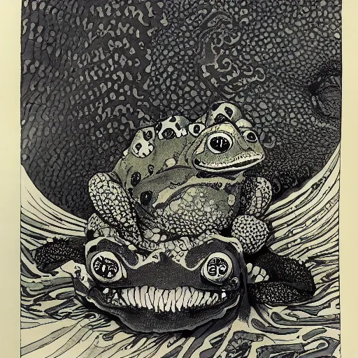 Image similar to deep camouflage angry toad evil eyes poking out eyes from under the water ultra sharp blur background simple background psychedelic contour ink drawing gustave dore katshushika Hokusai big eyes