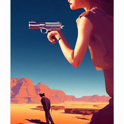 Image similar to smith & wesson revolver in the desert, smooth face, centered median photoshop filter cutout vector behance hd by artgerm, jesper ejsing, by rhads, makoto shinkai and lois van baarle, ilya kuvshinov, rossdraws, illustration, art by ilya kuvshinov and gustav klimt