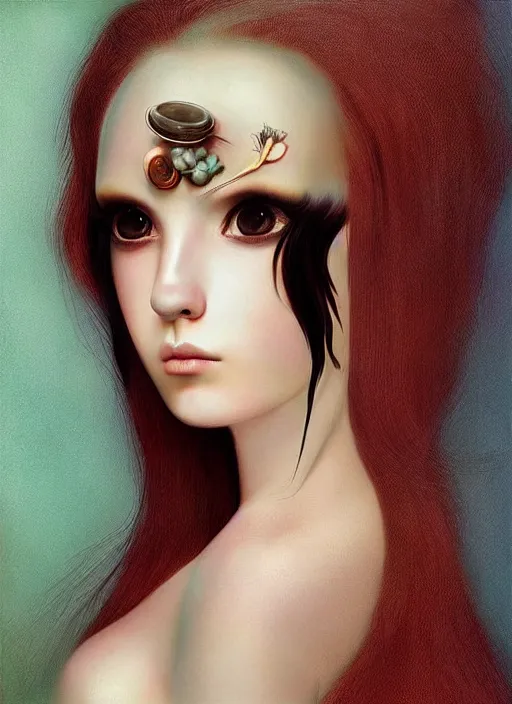 Image similar to pop surrealism, hyper realism, muted colors seductive female venus, cute girl, long hair, art by natalie shau, trevor brown