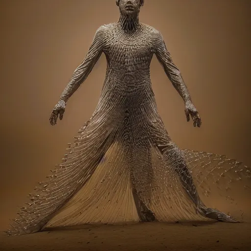 Prompt: realistic photography, hyperrealism, close - up macro portrait of dimitris papaioannou choreography, a portrait of indigenous spiritual healer shaman dancing in underworld with spirits and shadows, in sandstorm dust mountain temple oasis, ernst haeckel, iris van herpen, biokinetic biocouture
