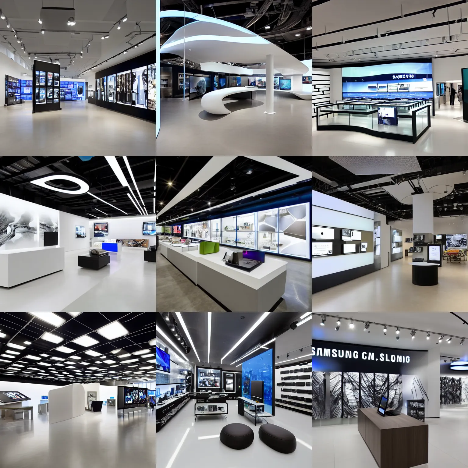 Prompt: hyperdetailed samsung store, polished concrete, white walls, digital screens, curved furniture, plant walls.