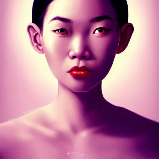 Image similar to beautiful portrait of a hopeless, worthless, lonely, vietnamese, ( waitress ) girl, stunning, intelligent, fashionable, vivid!!, sharp, crisp, colorful!!, ultra ambient occlusion, reflective, universal shadowing, fantasy art, extremely even lighting, art by wlop, dr seuss!!, ilya