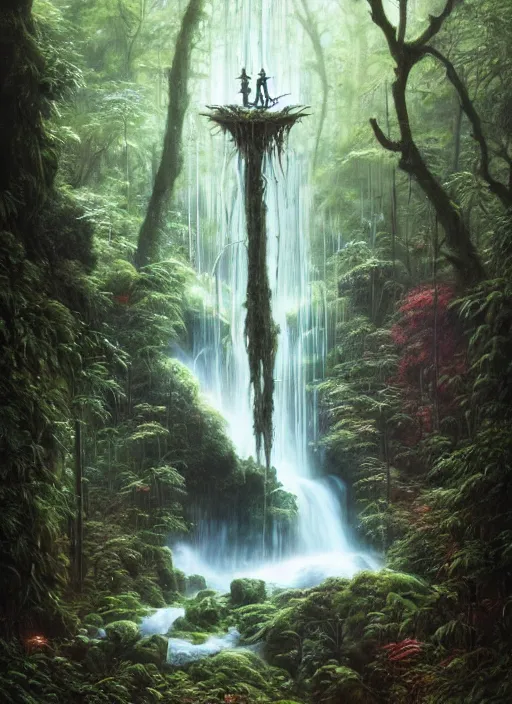 Image similar to a hyper realistic architectural witch shrine under a waterfall in the woods, gorgeous lighting, lush forest foliage, painting by chiara bautista and tom bagshaw, muca beksinski and norman rockwell and greg rutkowski weta studio, and lucasfilm