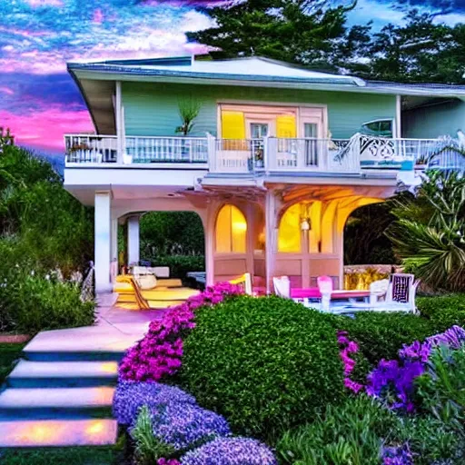 Image similar to modern beach - front house with a large gazebo, yard is full of flowers, sunset