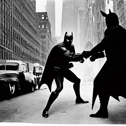 Image similar to old black and white photo, 1 9 2 5, depicting batman fighting a mafia boss in an ally of new york city, rule of thirds, historical record