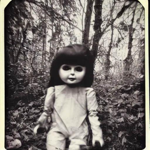Prompt: Polaroid photo of a creepy doll found in a forest bush through the leaves