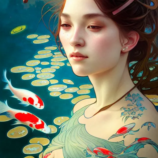 Prompt: Portrait of a girl surrounded by Koi fish, face, fantasy, intricate, elegant, highly detailed, digital painting, artstation, concept art, smooth, sharp focus, illustration, art by Loish and greg rutkowski and alphonse mucha