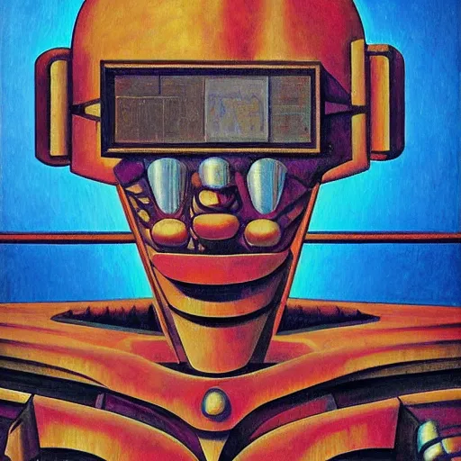 Image similar to the robot wearing her human mask, by kit williams and diego rivera, symbolist, dramatic lighting, elaborate geometric ornament, art brut, god rays, soft cool colors, smooth, sharp focus, extremely detailed