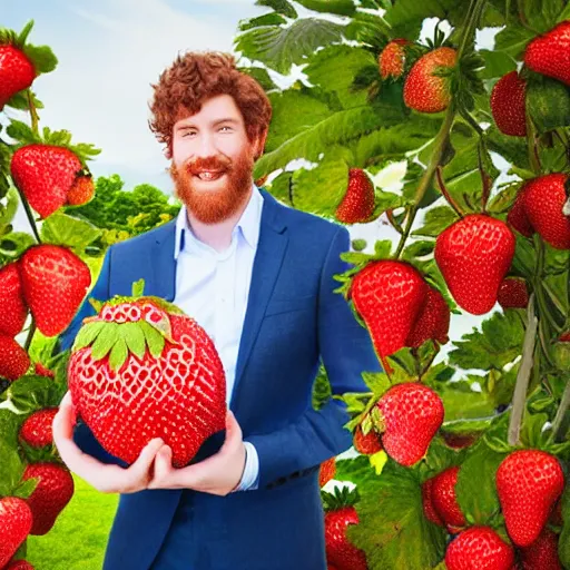 Prompt: a tall man with curly auburn hair, smiling, holding a giant strawberry, city background, portrait, highly detailed, realistic photography, soft focus, natural lighting
