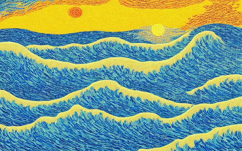 Prompt: a beutiful sunset on a beach, fractal waves. japanese embroidery. retro minimalist art by jean giraud and van gogh.