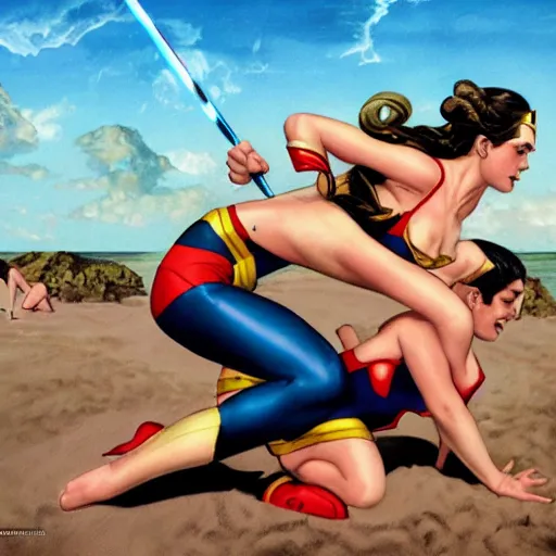 Image similar to padme and wonder woman wrestling at the beach, 8k photo, joe Jusko, artstation, Frank Frazetta