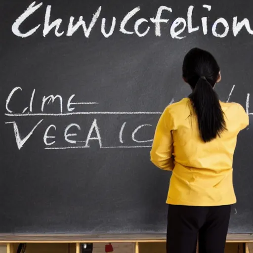 Prompt: chimpanzee scientist lecturer teaching evolution standing in front of a blackboard in a university