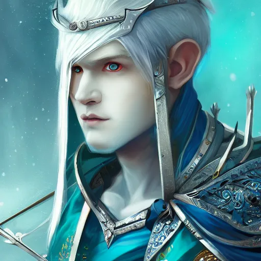 Image similar to half length portrait of a handsome male snow elf in a turquoise cape and silver ornate armour as an archer, albino skin, winter vibes, perfect face, elegant, very coherent symmetrical artwork, atmospheric lighting, rule of thirds, by wenjun lin, krenz cushart, charlie bowater, trending on artstation