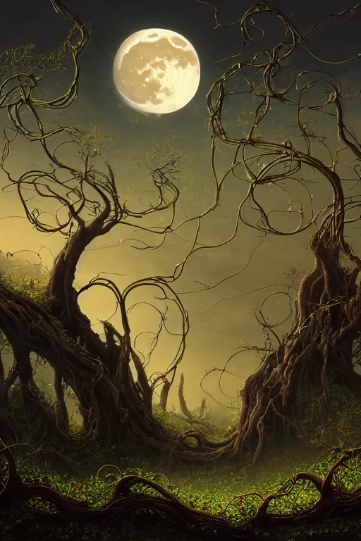 Prompt: a beautiful digital illustration painting of a detailed gothic fantasy full moon and roots, throne chair and vines, dramatic cinematic sky colors by benoit b. mandelbrot, steven belledin, martin johnson heade, lee madgwick, caspar david friedrich, and david rios ferreira. 8 k resolution trending on artstation concept art digital illustration