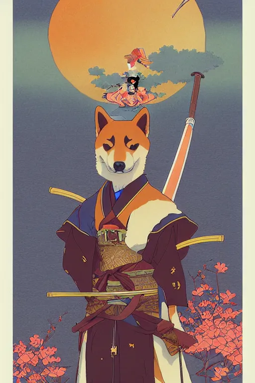 Image similar to poster of a shiba inu as a samurai, studio ghibli aesthetic, by yoichi hatakenaka, masamune shirow, josan gonzales and dan mumford, ayami kojima, takato yamamoto, barclay shaw, karol bak, yukito kishiro