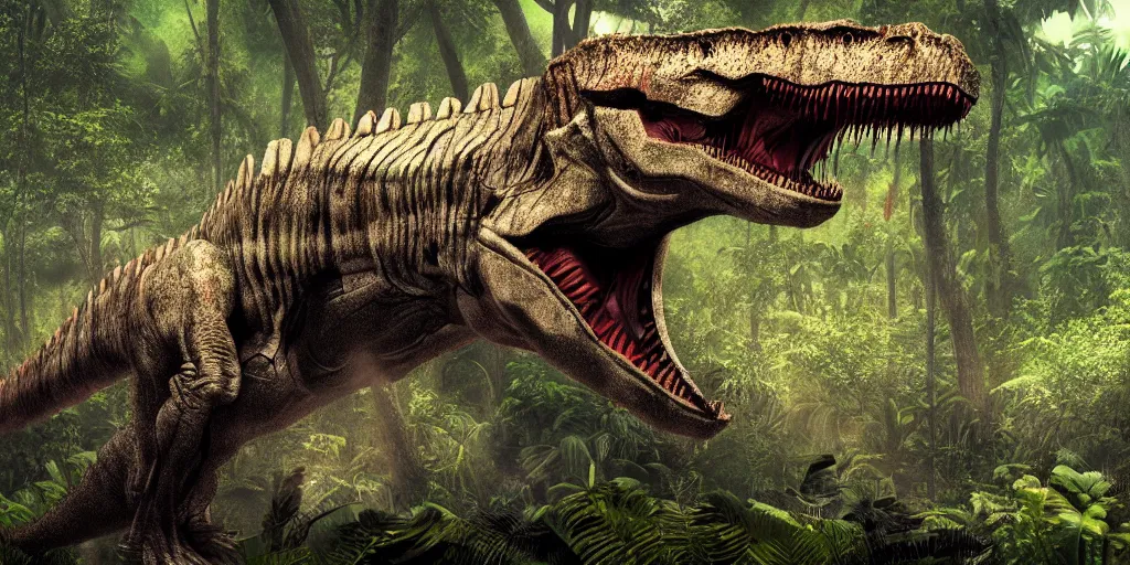 Image similar to photo realism, vary sad, cry tyrannosaurus rex, background jungle, 4 k