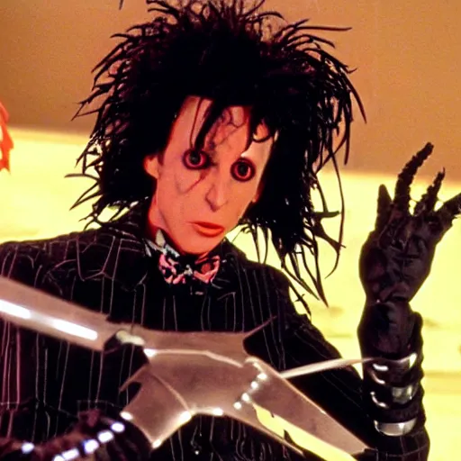 Image similar to a still of Edward ForkHands, in the film Edward Scissorhands, UHD, stylistic, film, horror