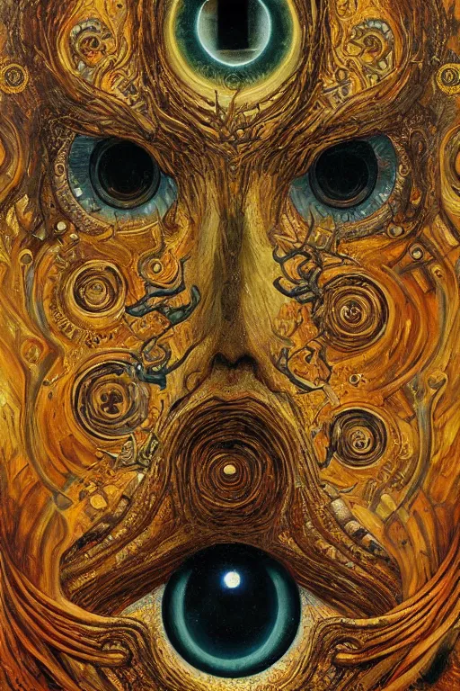 Image similar to The Interdimensional Eye by Karol Bak, Jean Deville, Gustav Klimt, and Vincent Van Gogh, mystic eye, otherworldly, catseye, alien eyes, vortex of monster eyes, fractal structures, arcane, inferno, inscribed runes, infernal relics, ornate gilded medieval icon, third eye, spirals