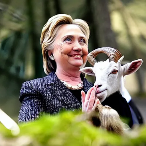 Image similar to hillary clinton wearing a goat head at the bilderberg meeting in the forest