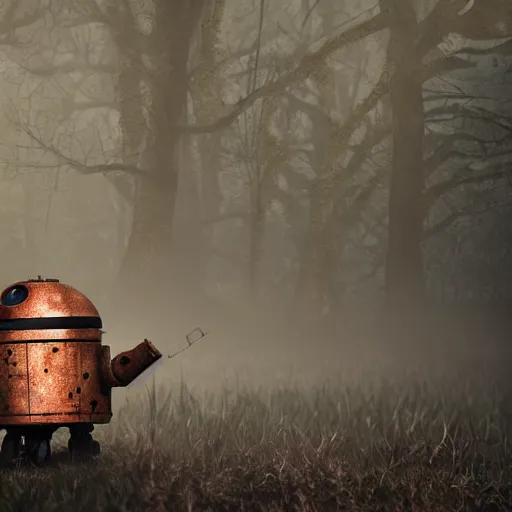 Image similar to realistic render of a small and rusty observation droid in a swamp, eerie atmosphere, fog, cinematic lighting