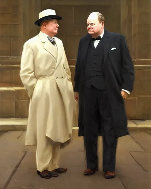 Image similar to Winston Churchill and Franklin Delano Roosevelt, oil on canvas, artstation, by J. C. Leyendecker and Edmund Blair Leighton and Charlie Bowater, octane