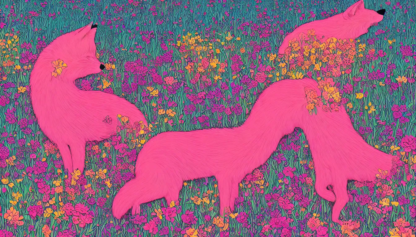 Image similar to pink fox head popping out of a field of multi colored flowers by kilian eng, victo ngai, josan gonzalez