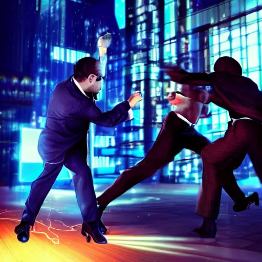 Image similar to a fight between a boho cyberpunk hippie and a high - tech suit businessman, epic art, cinematic mid shot fight