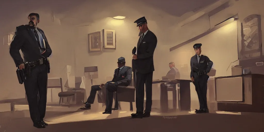 Prompt: tom in a suit is being interrogated by the officer jenkins at the police station, zenith view, warm color palette, night time, dramatic lighting, noir film, fine details, high contrast, blacksad, juan diaz canales, juanjo guarnido, greg rutkowski, trending on artstation, 8 k, ultra wide angle