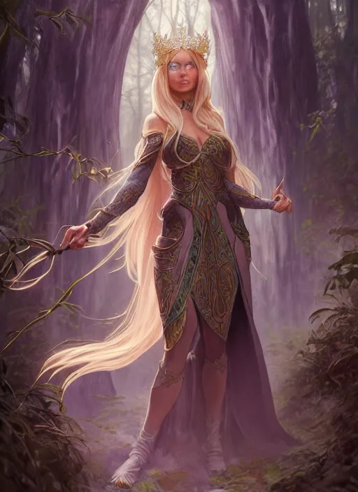 Image similar to full body of a fantasy elf female sorceress queen with long hair flowing in an ancient forest filled with magic, highly detailed, digital painting, artstation, smooth, sharp focus, illustration, art by artgerm and greg rutkowski and alphonse mucha, intricate dress, fine face