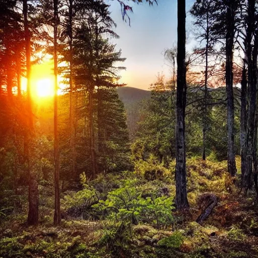 Image similar to sunset above forest, beautiful landscape, high detail, instagram photo, professional dslr photo, creative composition, beautiful composition