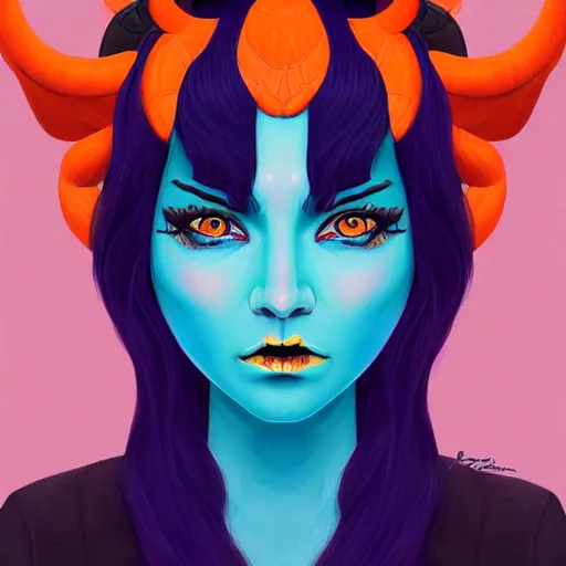 Image similar to illustrated portrait of ram-horned devil woman with blue bob hairstyle and colored orange skin tone and with solid black eyes and black sclera wearing leather by rossdraws