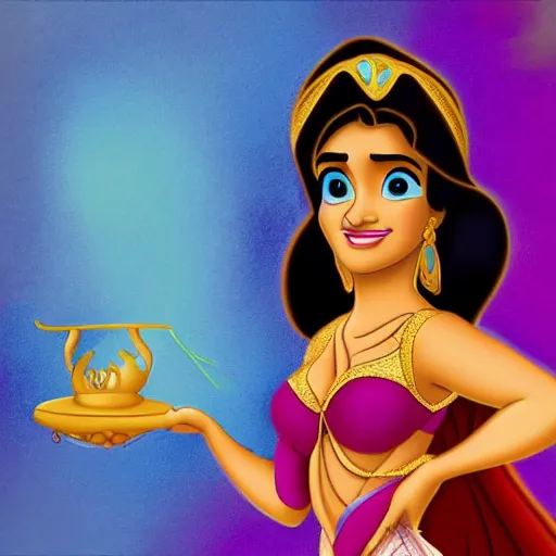 Prompt: salma hayek as princess jasmine from disney's aladdin, portrait, disney animation style