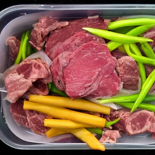 Prompt: disgusting meat in plastic tub