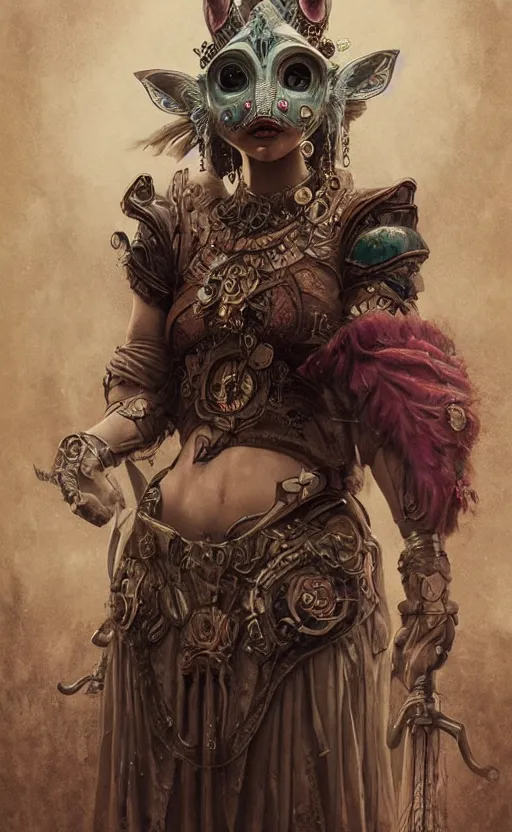 Image similar to hyper realistic Princess Mononoke, ornate mask magic, wet market street, cyberpunk metropolis, city landscape, jewels, full body pose, full moon, style of tom bagshaw, mucha, james gurney, norman rockwell, denoised, sharp