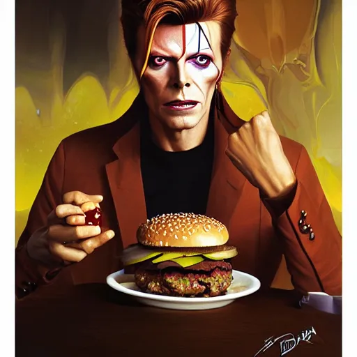Prompt: portrait of david bowie eating hamburgers, extra onions and ketchup, luscious patty with sesame seeds, ethereal, handsome, d & d, fantasy, intricate, elegant, highly detailed, digital painting, artstation, concept art, matte, sharp focus, illustration, art by artgerm and greg rutkowski and alphonse mucha
