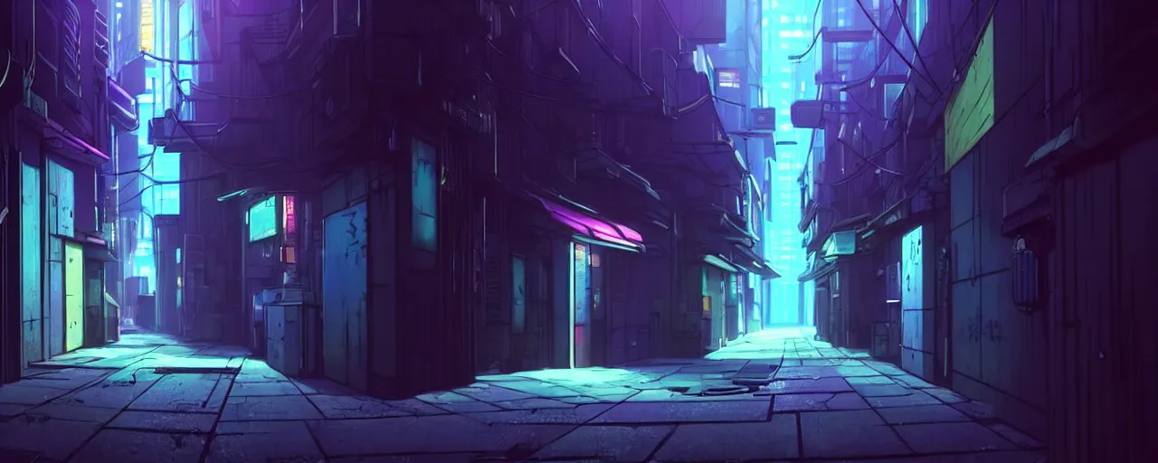 Prompt: a close up of a city alleyway in the atmospheric cyberpunk anime film, gouache matte background painting, neon noir, at night with lights, by makoto shinkai, in the anime series ergo proxy, beautiful specular edge highlights and rim lighting