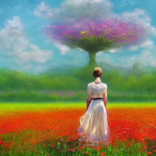 Image similar to woman standing in flower field, mattepainting, artstation, impressionism, big flower on shoulders