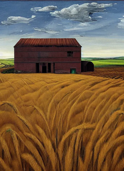 Image similar to Oil painting - An abondoned farmhouse with wheat field - the wheat field is splotched by mold - by Lucian Freud and Jenny Saville, Abstract brush strokes, Masterpiece, Edward Hopper and James Gilleard, Zdzislaw Beksinski, Mark Ryden, Wolfgang Lettl highly detailed, hints of Yayoi Kasuma