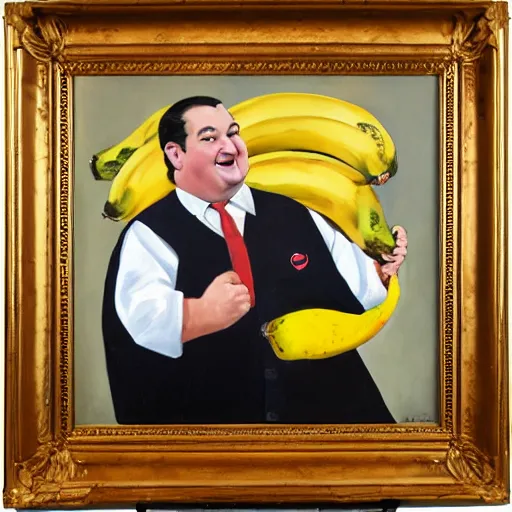 Prompt: oil painting of fat Ted Cruz holding a banana, Dutch masters, high quality