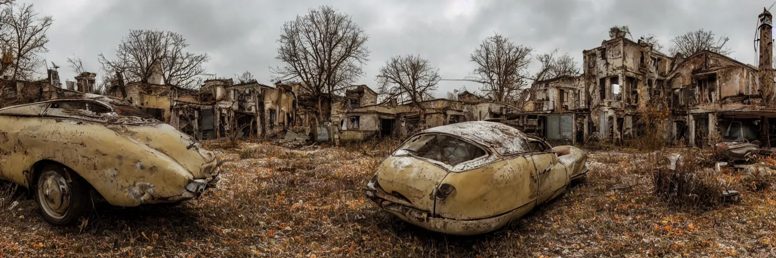 Image similar to low wide angle shot of dilapidated fallout 5 europa, retro futuristic overgrown euro rural town, desolate, dilapidated houses, few rusted retro futuristic vintage parked vehicles like cars, volumetric lighting, photorealistic, daytime, autumn, cold sunny weather, sharp focus, ultra detailed, 4 1 0 0 k