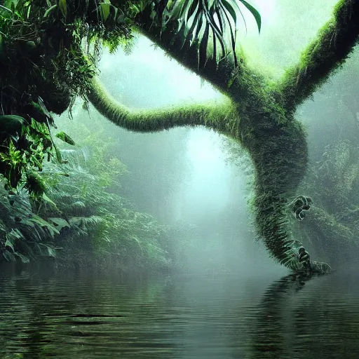 Image similar to a rainy foggy jungle, river with low hanging plants, there is a giant octopus climbing up a tree, great photography, ambient light