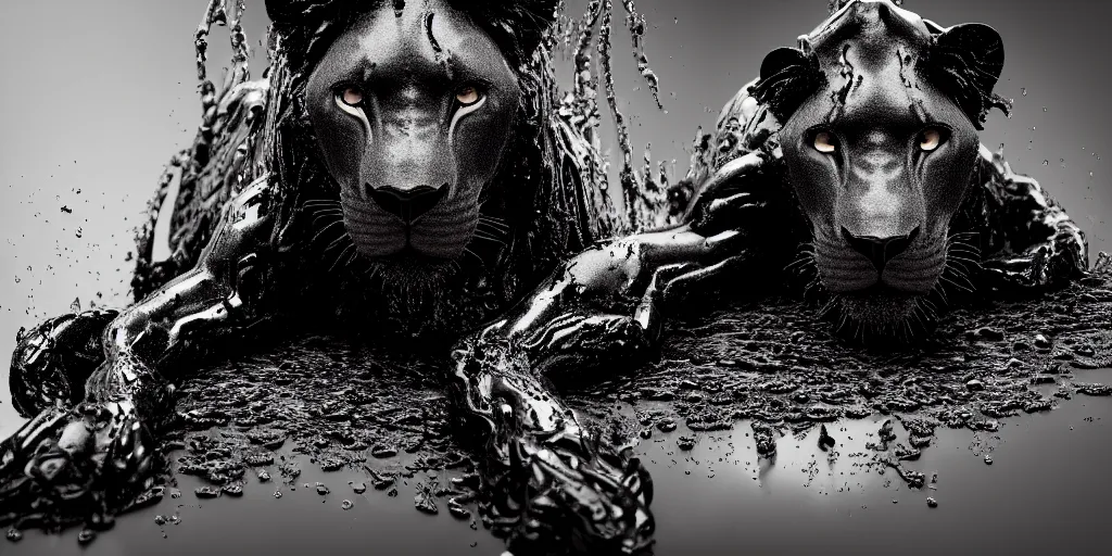 Image similar to a black lioness made of tar bathing inside the bathtub full of tar, covered with black goo, covered with slime, drooling ferrofluid, dripping ferrofluid. dslr, photography, realism, animal photography, color, modern bathroom, hyper realistic, 8 k resolution, v - ray, render, photoreal